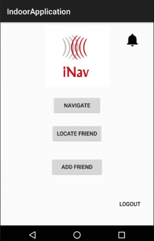Figure 3: Home Interface User will be greeted with the Home interface when they login. Application provide options to the user to select such as Navigate, locate Friend or Add a friend.
