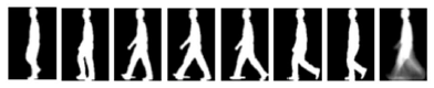 Figure 2: Original images and corresponding binary silhouette images [3]Figure3depicts the GEI extraction. The GEI is the average of all the normalized images for the single gait cycle. The last section of the figure3shows the gait energy image (GEI).