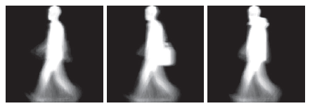 Figure 3: Normalized and aligned images. The last image corresponds to Gait Energy Image[8] 